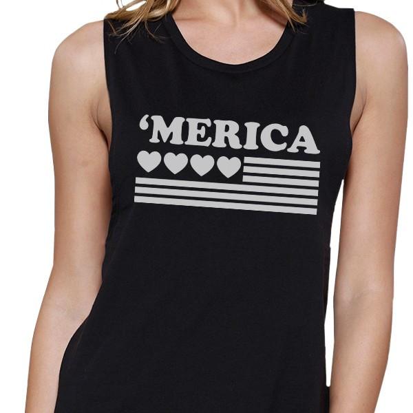 'Merica Womens Black Cotton Muscle Tee American Flag With Heart