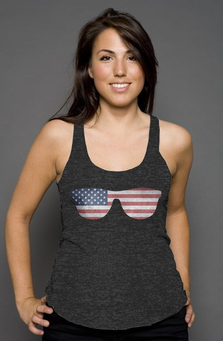 iWebCart - USA Flag Sunglasses Heather Gray Racerback Tank